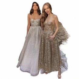 Verngo 2021 Nieuw design Sparkly Gold Prom Dres Sweetheart Spaghetti Brapt een lijntheellengte avondfeestjurk met pocket M7T1#