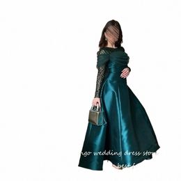 Verngo 2023 Dark Green Satin Saudi Arabische vrouwen avond dres glitter lg mouwen juweel nek vintage formele prom -jurken v1wp#