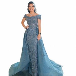 Verngo Dusty Blue Sequin Luxury LG Evening Dres avec train détachable au large de l'épaule Dubai Arabe Prom Robes de mariage K9p2 #