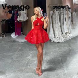 Verngo Red Sequined Tulle Mini Party Dress Women Halter Sleeveless Short Prom Gowns Criss Ut Out Sexy Formal 240424