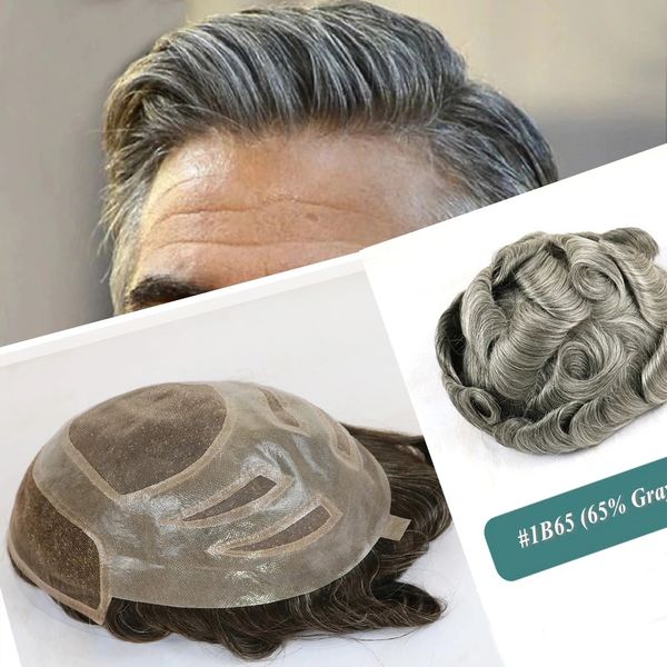 Versalite Durable Toupee para hombres 100% cabello humano Peluca para hombre Unidad 1B65 Pieza de cabello gris para hombres Frente de encaje fino con prótesis negra natural de PU