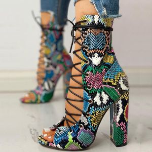 Sandales polyvalentes multi-serpentines femmes bout ouvert à lacets chaussures pour femmes sandales à talons hauts en peau de serpent multicolore buty damskie