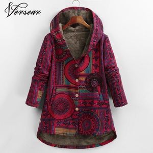 Verslaan Vrouwelijke Jas Pluche Jas Dames Windjack Winter Warm Uitloper Floral Print Hooded Pockets Vintage Oversized Coats Plus 201029