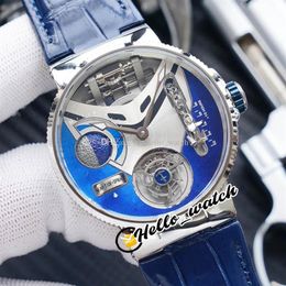 Versie Nieuwe Mega Yacht 44mm 6319-305 Emaille 3D Blauwe Wijzerplaat Automatische Tourbillon Herenhorloge Stalen Kast Blauw lederen Horloges Hell174j