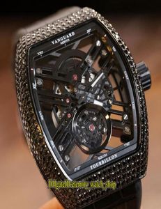 Versie Nieuwe Saratoge Vanguard V 45 T Sqt NR Skeleton Dial Miyota Automatische Mens Watch Black Diamonds Case Leather Band Iced O8805051