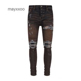 Versie paarse trendy Jean Amiiris Water Designer Jeans Elastic Mens jeugd mode gemaakt versleten gaten wassende heren Koreaanse slanke fit bedelaar kleine voeten m8sw