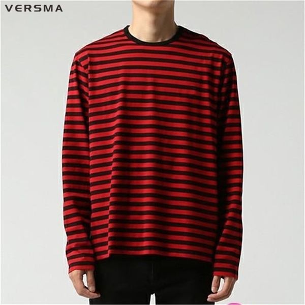 VERSMA Coreano Ulzzang Harajuku GD Negro Blanco Camiseta a rayas Hombres Mujeres Unisex Suelta de gran tamaño Manga larga Pareja Camiseta 210716