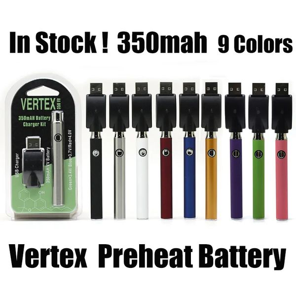 Batterie Vertex 350mah Vape Préchauffer les batteries Tension variable Blister Kits de chargeur USB pour cartouche de fil 510 9 couleurs E Cigs Pen