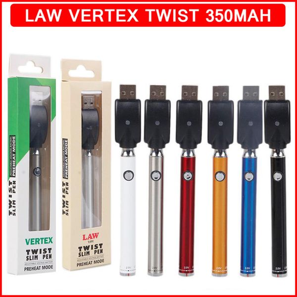 Vertex Law Préchauffer la batterie VV Twist inférieure 350mAh Vape Pen Tension variable Chargeur USB Kit de batterie pour cartouches à filetage 510