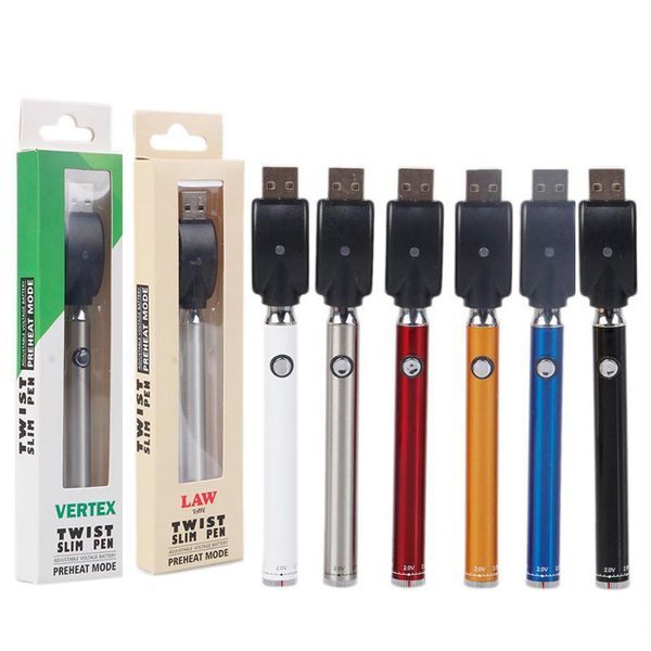 Vertex Law Twist Batterie Slim Pen Préchauffer 350 mAh Vape Pen Tension réglable Variable VV Batteries Kit de chargeur USB pour 510 cartouches chariots
