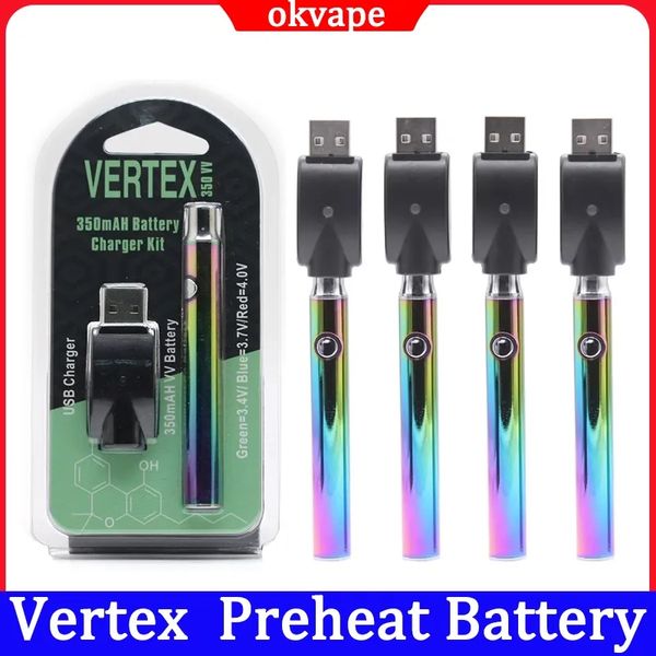 Vertex Rainbow 350mah Batería Precalentamiento Voltaje ajustable Baterías Blister Kits de cargador USB para 510 hilos E Cigs Vape Pen