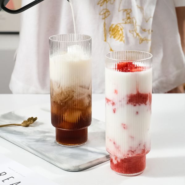Taza de vidrio de grano vertical, taza de café helado, taza para beber jugo, cristalería con ranura vintage