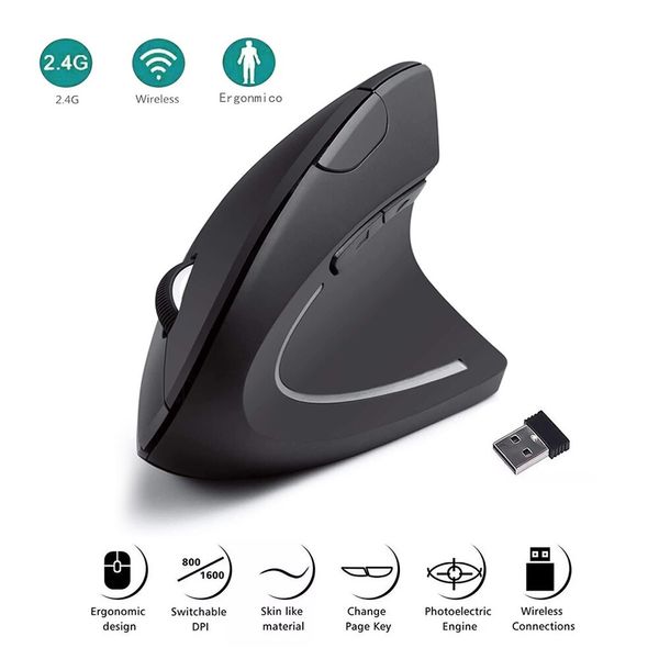 Ratón Vertical ergonómico 2,4 GHz ratón óptico inalámbrico 3 DPI ajustable 800/1200/1600 6 botones para ordenador portátil PC escritorio