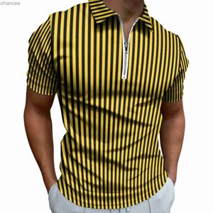 Camisetas informales a rayas verticales, Polos amarillos y negros, camisa divertida con cremallera, Tops con patrón para hombre, talla grande HKD230825