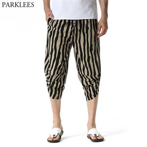 Sarouel pour hommes à rayures verticales Pantalon en lin en coton Capri Été Casual Léger Élastique Plage Boho 3/4 Pantalon court avec poches X0723