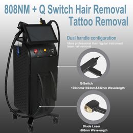 Dispositivo de eliminación de tatuajes vertical Q Switched Nd Yag Máquina de eliminación de tatuajes con láser Tratamiento para el acné Depilación con láser de diodo 808 Máquina para blanquear la piel
