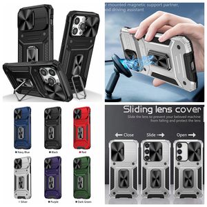 Études de calque hybride défenseur pour iPhone 15 plus 14 13 Pro Max 12 MAGNET CRACKET Métal Contexte d'anneau de doigt dur PC Soft TPU TPU Kickstand Capine à l'objectif de la caméra coulissante