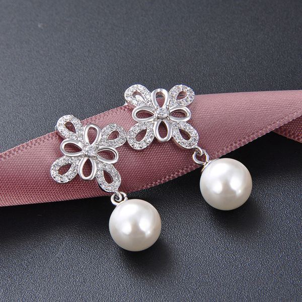 Très belle mode classique créateur diamant Zircon fleur élégant perle pendentif S Sterling Sier boucles d'oreilles pour femme