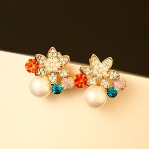 Muy hermosa moda diseñador de lujo colorido flor de cristal diamante circón perla pendientes súper brillantes para mujer silve241d