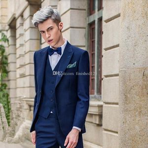 Muy bueno dos botones azul novio esmoquin pico solapa hombres trajes 3 piezas boda/graduación/cena Blazer (chaqueta + Pantalones + chaleco + corbata) W519