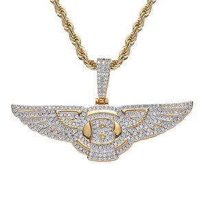 18 carats plaqué or ange ailes collier pendentif glacé out zircon hommes bling bijoux cadeau