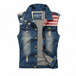 Gilet pour hommes épissé USA drapeau Demin gilet hommes vestes Fi Boy Jeans Streetwear Casual Biker Vintage effiloché manteaux de poche o2BF #