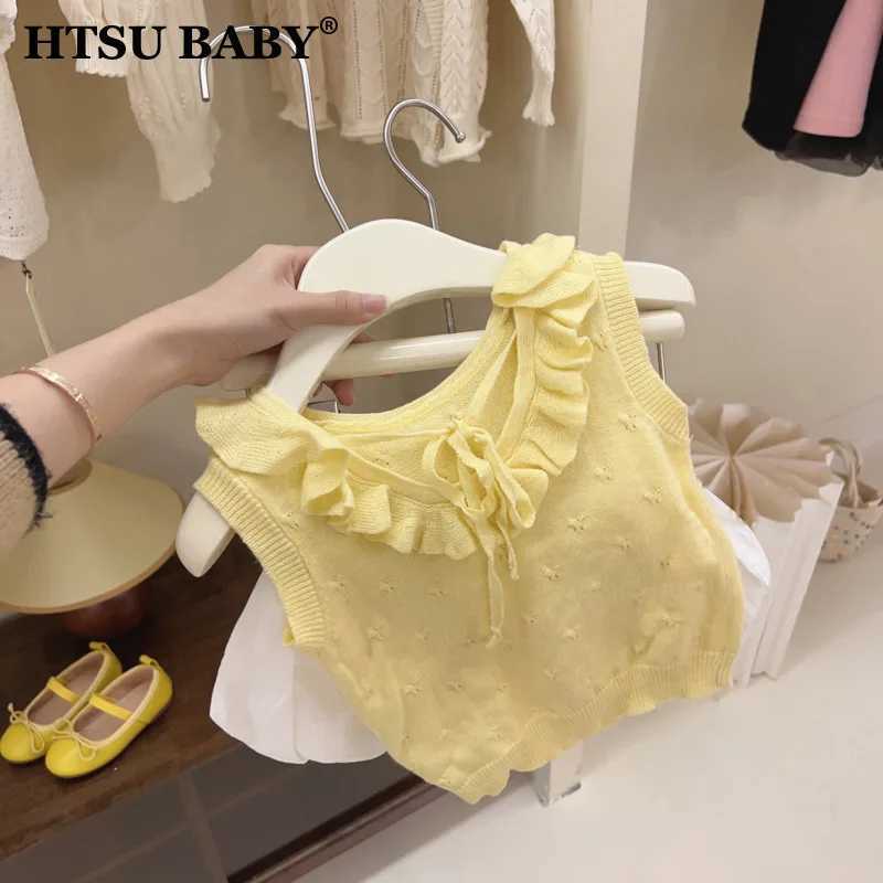 Vest HTSU baby girl jacquard pleated vest Korean childrens knitted yellow bandage vest sleeveless breathable childrens clothingL2405