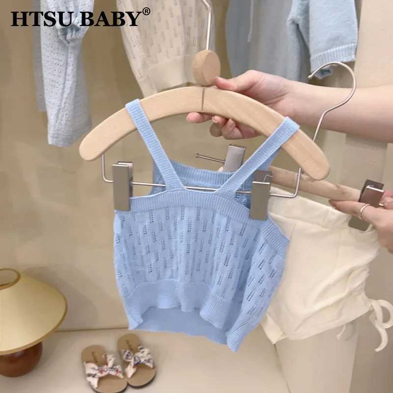 Vest Htsu Baby Girls Top Top Summer coréen Tricote Pendant Couleur continue bébé bébé creux Bleu Top Childrens Thin Topl240502