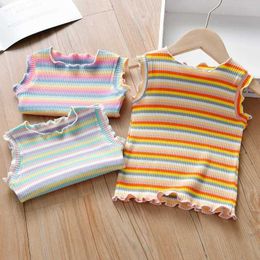 Vest Summer Girls Rainbow Stripe T-shirt Daily Childrens décontracté Coton Top Coton Childrens Côté courte BottomL240502