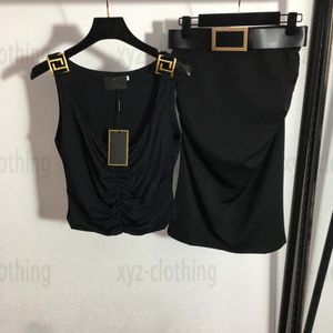 Vest T-shirt met spleetjurksets Brandontwerper zomerjurken vrouwen stuk jurk zijkant zipper slanke vesten metalen riem hoge taille tas xyz2023