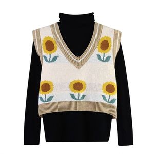 Veste Sans Manche femme herfst Koreaanse stijl losse zonnebloem print trui vesten voor vrouwen casual korte gebreide vest mujer 210604
