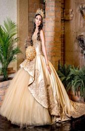 Vestido de 15 Anos Gold Quinceanera Vestidos 2022 Aplicación de encaje Beade Sweet 16 Dress Sweetheart Pago BoCe Gowns Sweet Train9458876