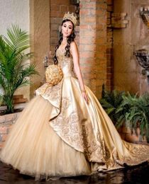 Vestido de 15 Anos Gold Quinceanera Robes 2022 Lace Applique Perbe Sweet 16 Robe Sweetheart Pageant Robes de bal Sweep Train5667985