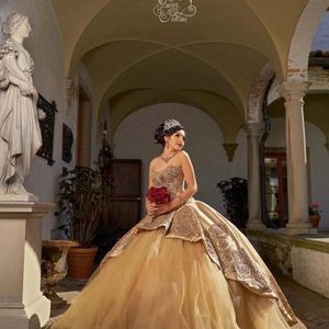 Vestido de 15 anos gouden quinceanera jurken kant applique kralen luxe veter-up corset top zoete 16 meisjes gelegenheid jurk