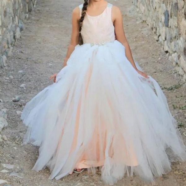 vestido de daminha Coral Girls Vestidos del desfile con cuentas grandes Lazo largo Vestidos de niña de las flores para bodas Niños Ropa formal para bebés