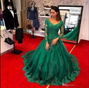 Vestido de Fiesta 2019 Nieuwe Arabische Modest Groene Baljurk Avondjurken V-Neck Sheer Lange Mouwen Robe de Soiree Formele Prom Dress