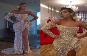 Vestido de Fiesta Sexy Aso Ebi Arabisch Goud Reflecterende prom -jurken Mermaid High Split Evening Jurken Lades Formal Party Recept6622425