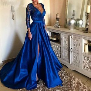 Vestido de Formatura Lange Prom Dresses Off The Shoulder A-Line Hoge Slit Kant Satijn Royal Blue Avond Feestjurk