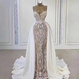 Vestido de noiva 2021 kant trouwjurken met detachabe trein illusie geappliceerd lange Dubai Arabische bruidsjurken voor vrouwen aangepaste bruid jurk