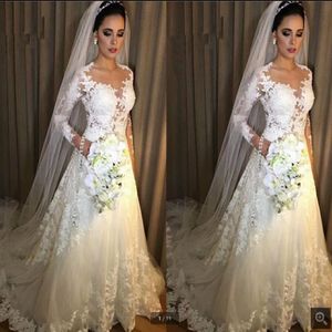 Vestido De Noiva 2021 Wit Kant Trouwjurken A-lijn Saudi Arabische Lange Mouwen Bruidsjurken Bescheiden Moslim Bruidsjurken Gewaad 194o
