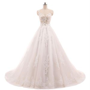 Vestido de Noiva Baljurk Vintage Champagne Trouwjurken Kant Applicaties Crystal Sjerpen Robe de Mariage China Bruidsjurken279u