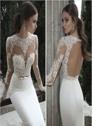 Robe De Noiva Berta robes De mariée sirène printemps été col haut manches longues dentelle transparente dos nu robes De mariée 5306981