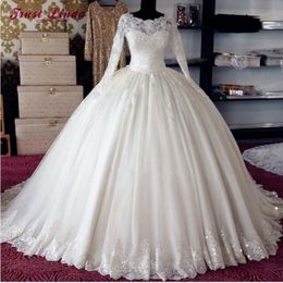 Vestido de Noiva Lange Mouwen Prinses Baljurk Trouwjurken Illusie Applicaties Beaded Lace A Line Bruids Trouwjurk Plus Size