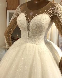 Vestido de Noiva Luxe Saudi Arabische Trouwjurken 2021 Baljurk Sheer O-hals Parels Lange Mouwen Bruidsjurken Personaliseer