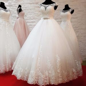 Vestido de noiva prinses trouwjurk 2021 geappliceerd kant ronde hals gezwollen tule baljurk bruidsjurken met riem