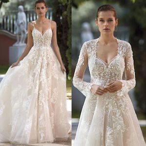 Vestido de novia 2022 A-line mantel trouwjurk luxueuze 3d kanten applique v-neck gewone spaghetti bruid jurk
