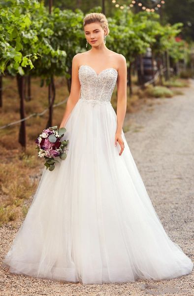 Vestido de novia robe de mariée perlée bretelles décolleté en chérie une ligne dentelle robe de mariée