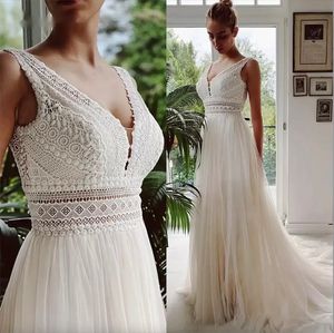 Vestido de novia bruidsjurken boho trouwjurken 2023 v nek strand kant elegante bohemian tule sexy backless robe de mariage