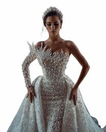 vestido De Novia Luxe Parels Bruiloft Dr met Afneembare Trein Dubai Arabië Lg Mouw Kralen Kant Bruidsjurk Robe Mariee M9dj #