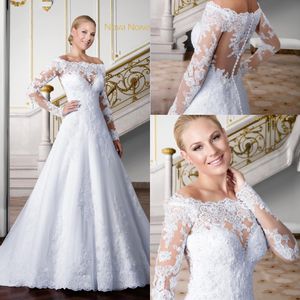 robe de novia Hors Épaule Sexy Dentelle Robes De Mariée À Manches Longues Applique Balayage Train Bouton Retour Robes De Mariée Pas Cher Robe pour Femmes